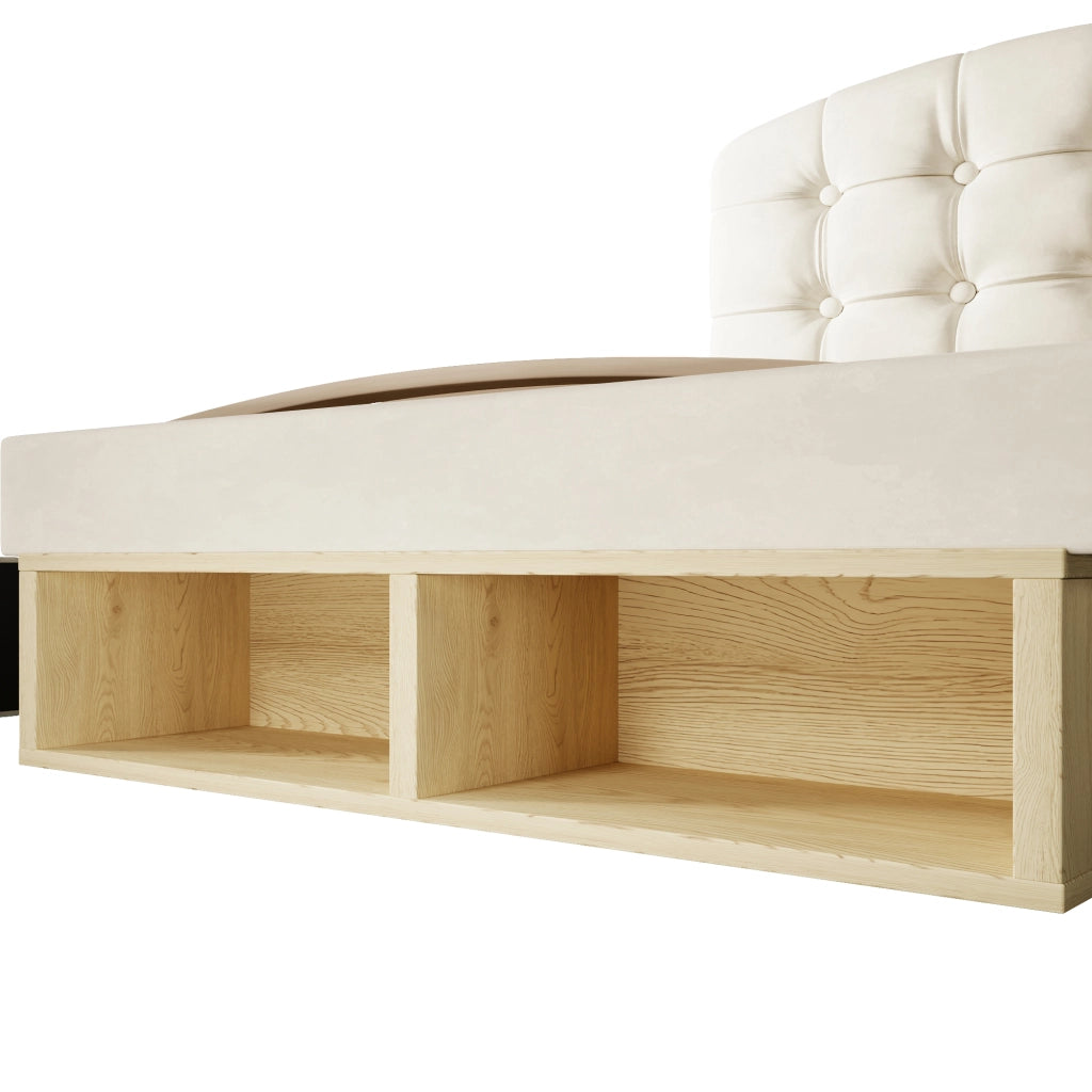Letto singolo 90x200 cm, rivestito in velluto, testiera regolabile, 2 cassetti, beige