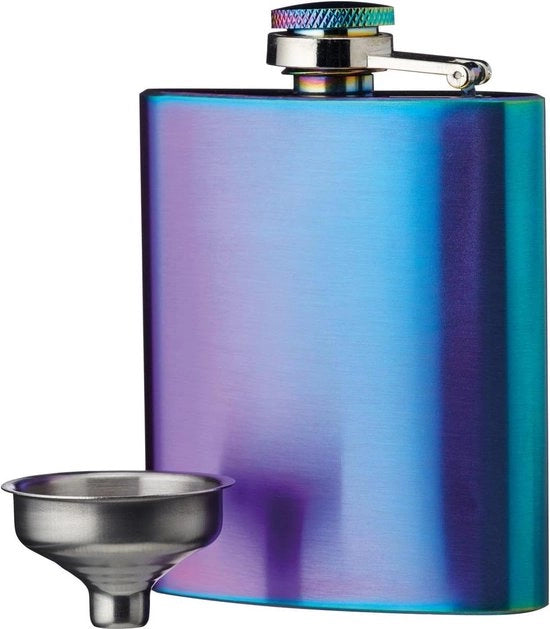 Mini Fles in Acciaio Inox Luccicante - 100 Millilitri - Perla Arcobaleno con Decantatore