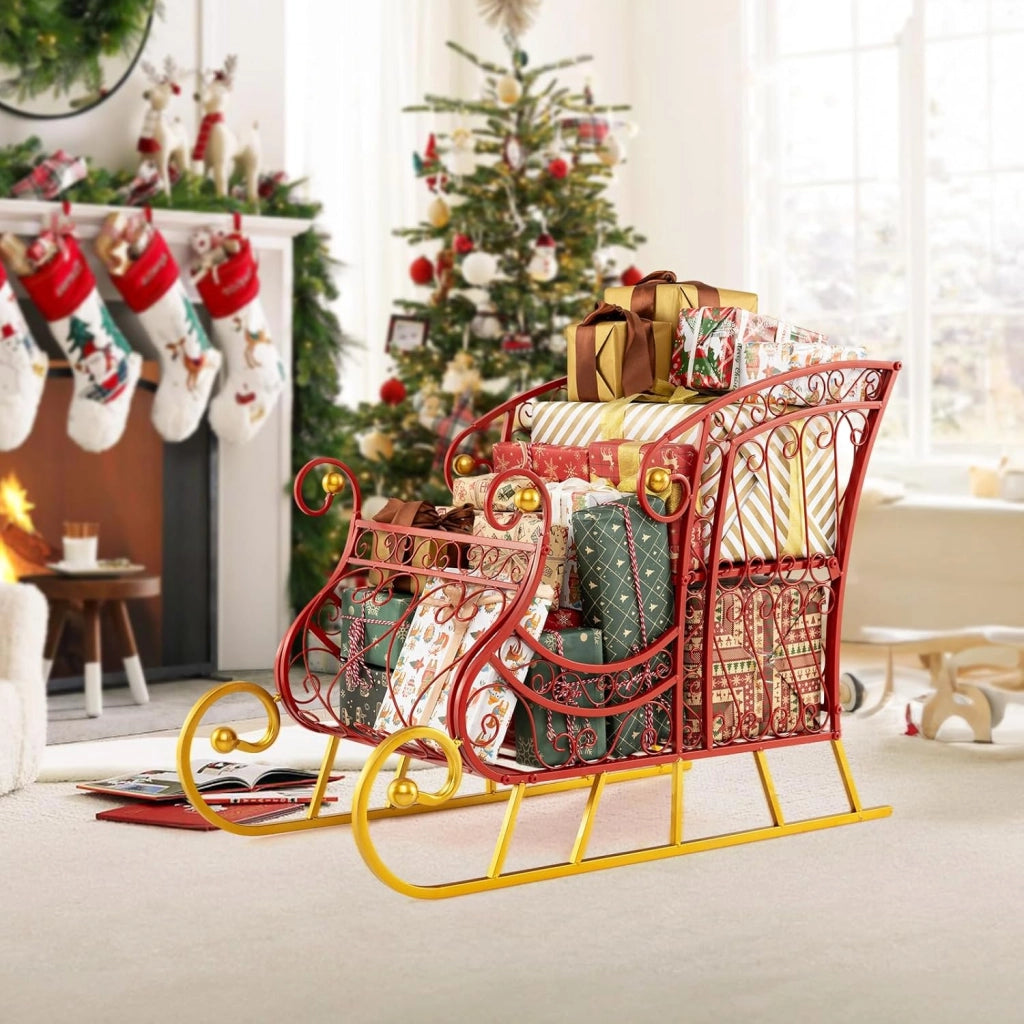 COSTWAY Slitta di Babbo Natale, Slitta di Babbo Natale in Metallo con Portadoni a 2 Livelli, Decorazione Natalizia con Stelle Dorate, per Casa, Negozio e Ufficio (Modello 3)