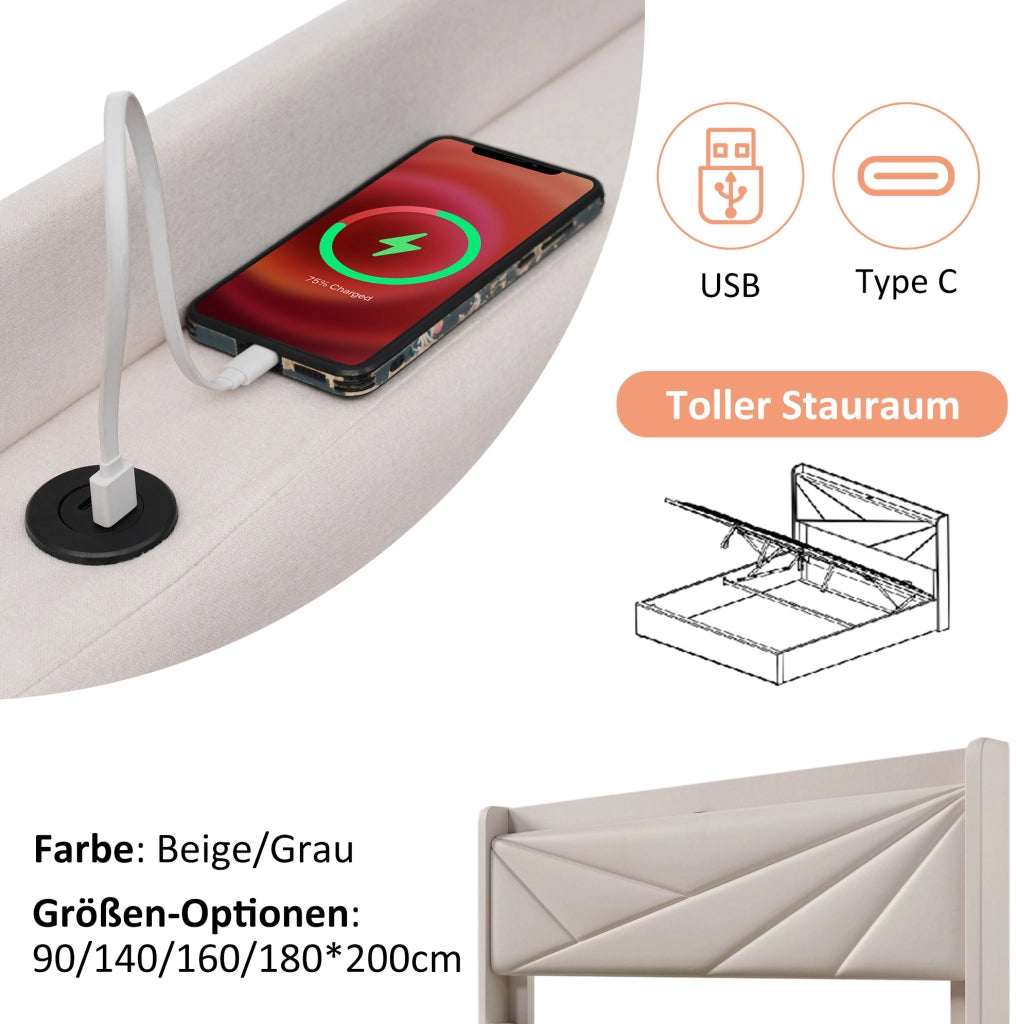 Letto matrimoniale contenitore 180x200 cm beige con USB e USB-C
