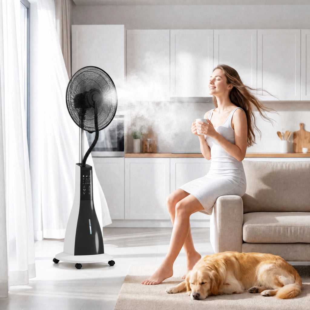 Ventilatore a Nebulizzazione da 3L a 3 Modalit¨¤ e 3 Velocit¨¤, in Plastica e Metallo, 50x40x125 cm, Bianco e Nero