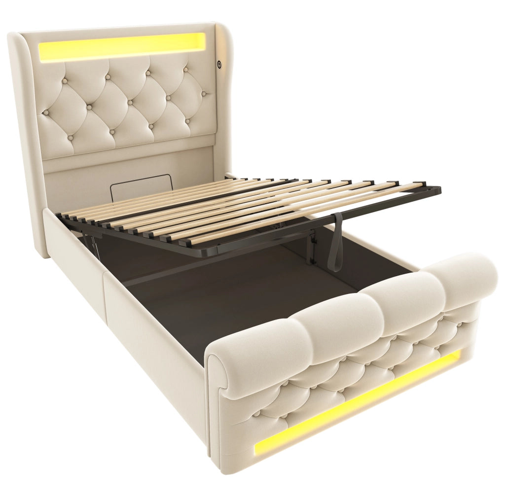 Letto singolo imbottito ULEVR 90x200 cm con contenitore idraulico, LED, USB e Type-C, velluto beige