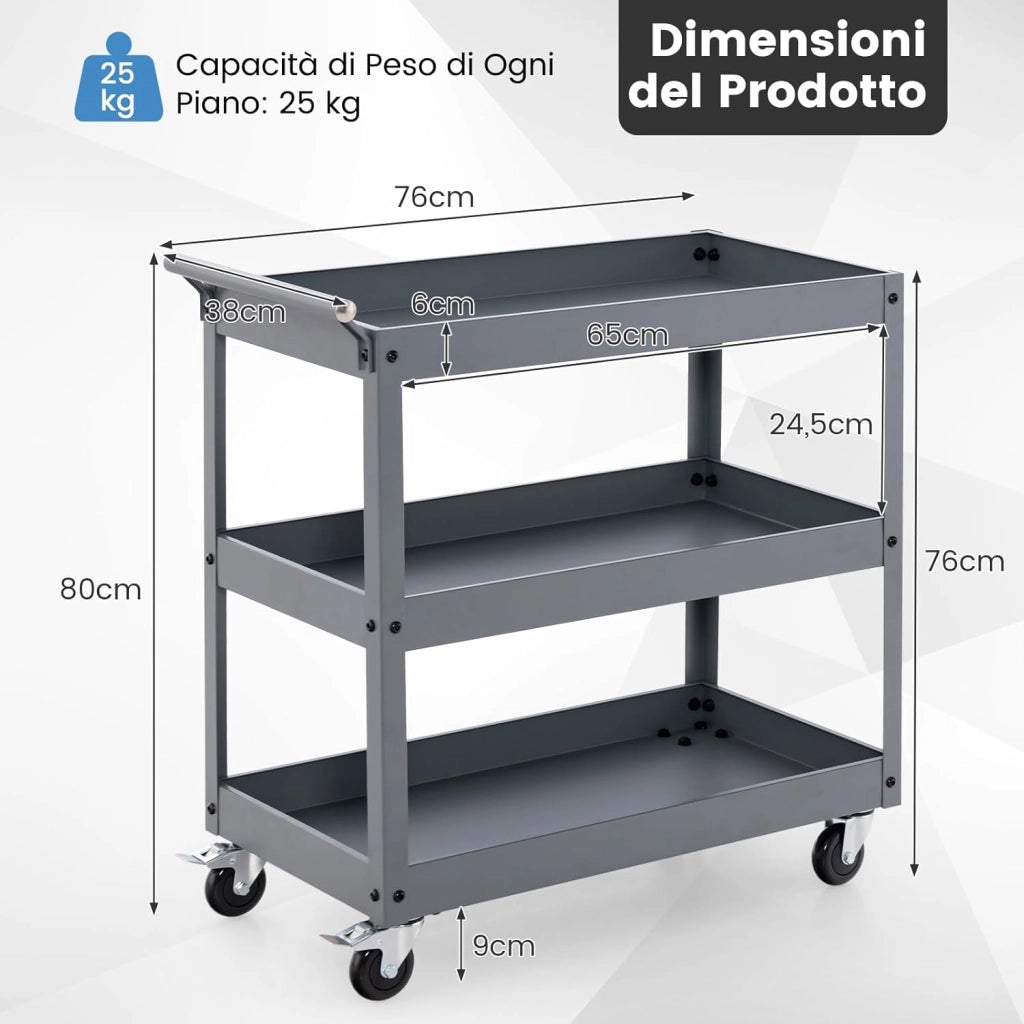 Carrello da Cucina con 3 Livelli, Carrellino Multifunzionale con Ruote Flessibili, Carrello di Servizio Resistente con Maniglia Comoda, Ideale per Ufficio Garage Magazzino Biblioteca (Grigio)
