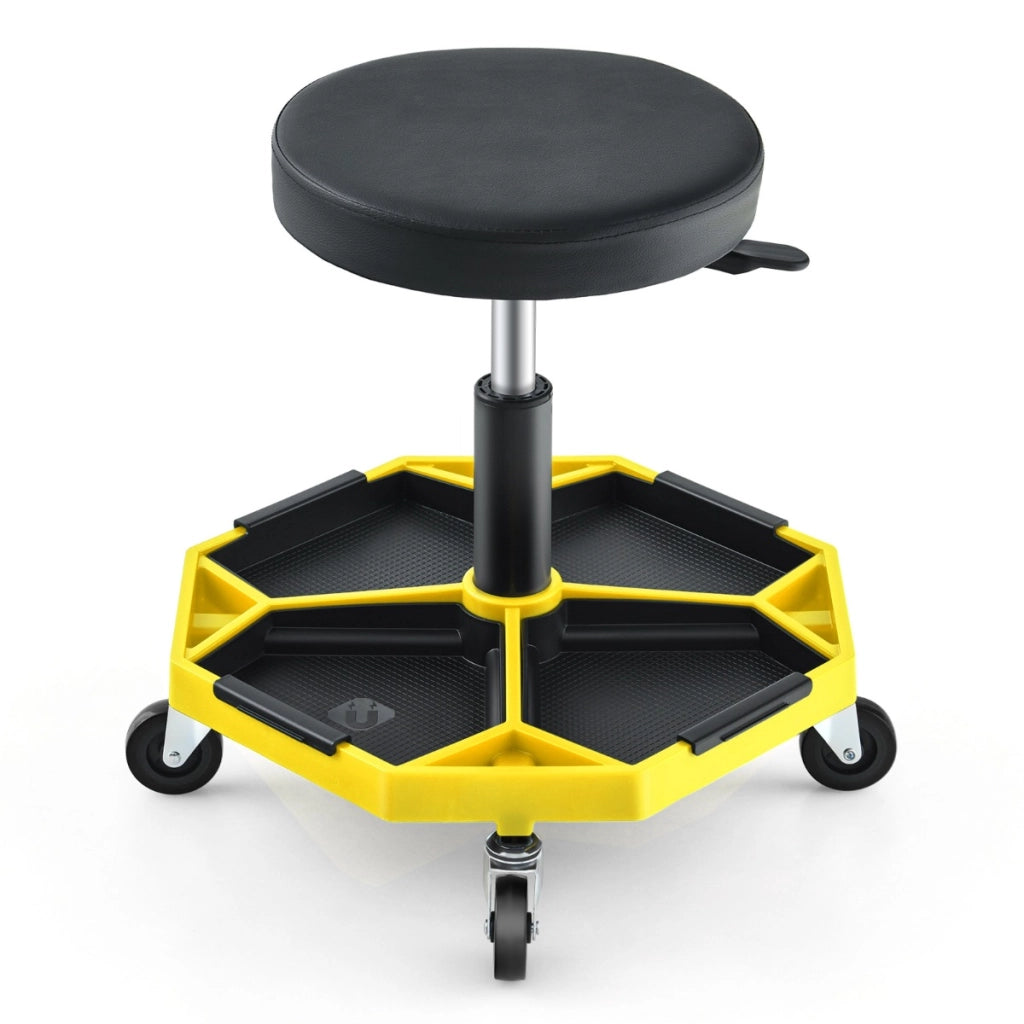 Sgabello meccanico con portata di 150 KG sedile imbottito per garage, Sedia a rotelle regolabile per garage officina Giallo-Deposito utensili Tool