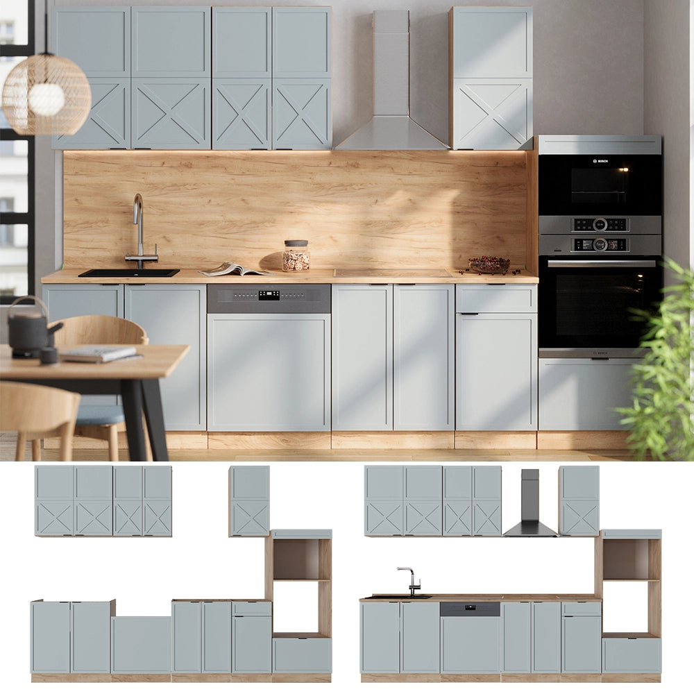 Vicco Cucina componibile Rovere blu-grigio chiaro/oro 300 cm con armadio alto, PL Rovere