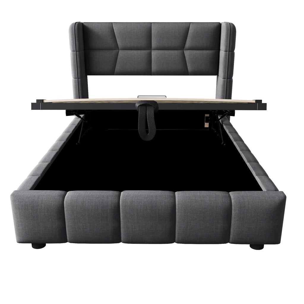 Letto per bambini 90 × 200 cm con contenitore a sollevamento, senza materasso, en tessuto, grigio
