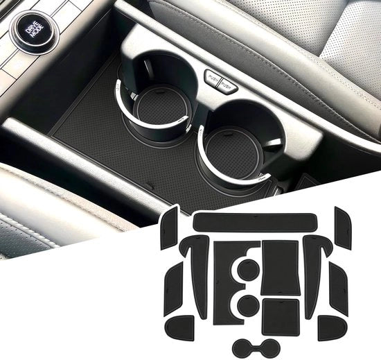 Set di tappetini antislittamento in gomma compatibile con EV elettrica 2024-2025, contenitore per bicchieri per console centrale, tappetino anti polvere Kona SX2 accessori [Non compatibile con benzina e cambio manuale] (Nero)
