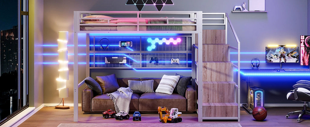 DESMIU Letto a soppalco matrimoniale con armadio, scala contenitore e LED regolabile 140 × 200 cm, senza materasso