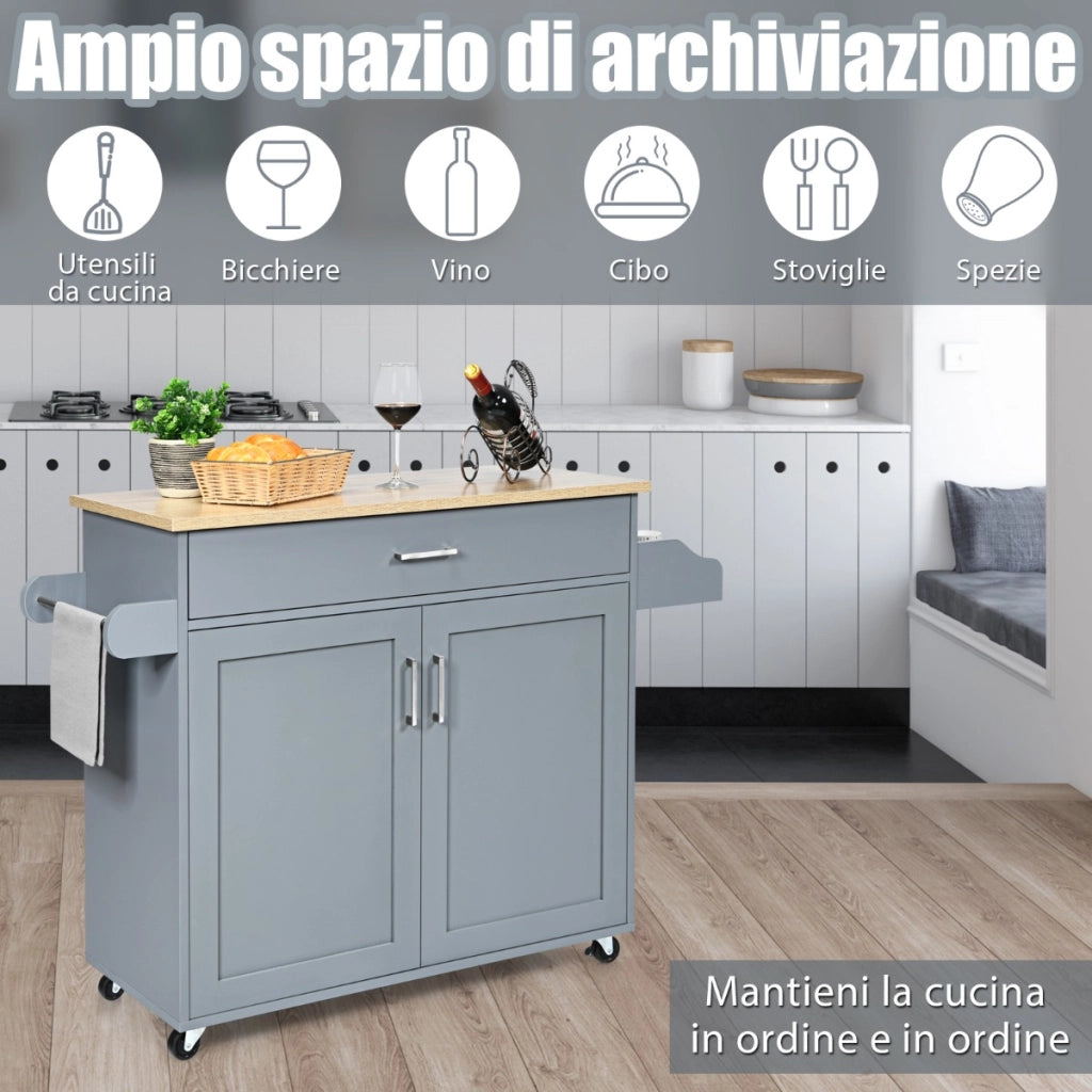 Isola da cucina con mensola regolabile in 3 posizioni, Carrello da cucina con ruote di gomma Grigio-Carrelli