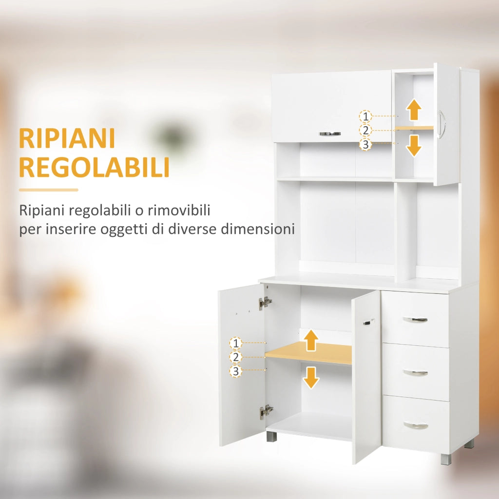 Credenza da Cucina Moderna con Cassetti, Armadietti e Ripiani Aperti, 100x39.5x183.5cm, Bianco