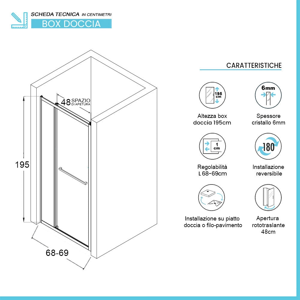 Porta doccia nicchia 70 cm rototraslante in vetro temperato trasparente con profili cromo Nerea