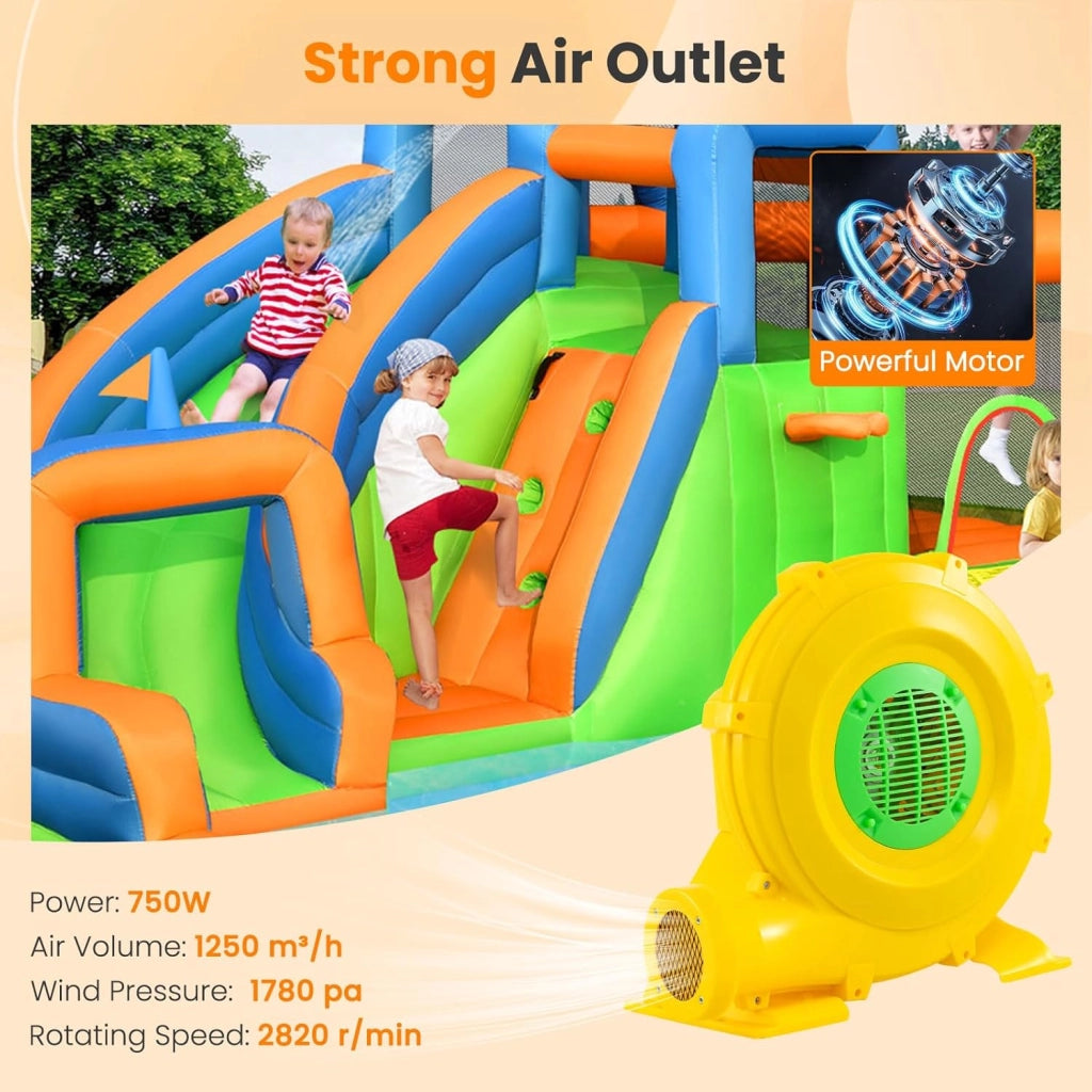 Ventilatore di Aria del Castello Gonfiabile, Soffiatore per Giochi Gonfiabili con Cavo di Alimentazione, Picchetti da Terreno, per Castello Gonfiabile, Scivolo Acquatico (750W)