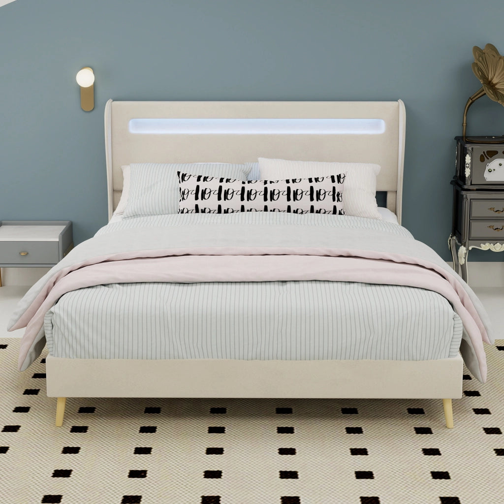 Letto Matrimoniale 140x200 cm; LED Regolabile e Schienale Regolabile in Tessuto - Beige