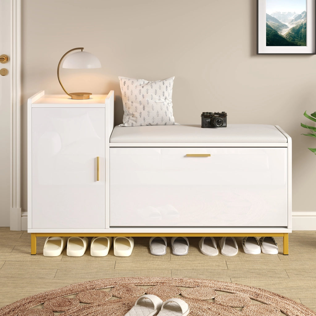 Scarpiera con seduta 100 x 38 x 68 cm, bianco e oro, con 2 ripiani, 1 vano e finitura lucida