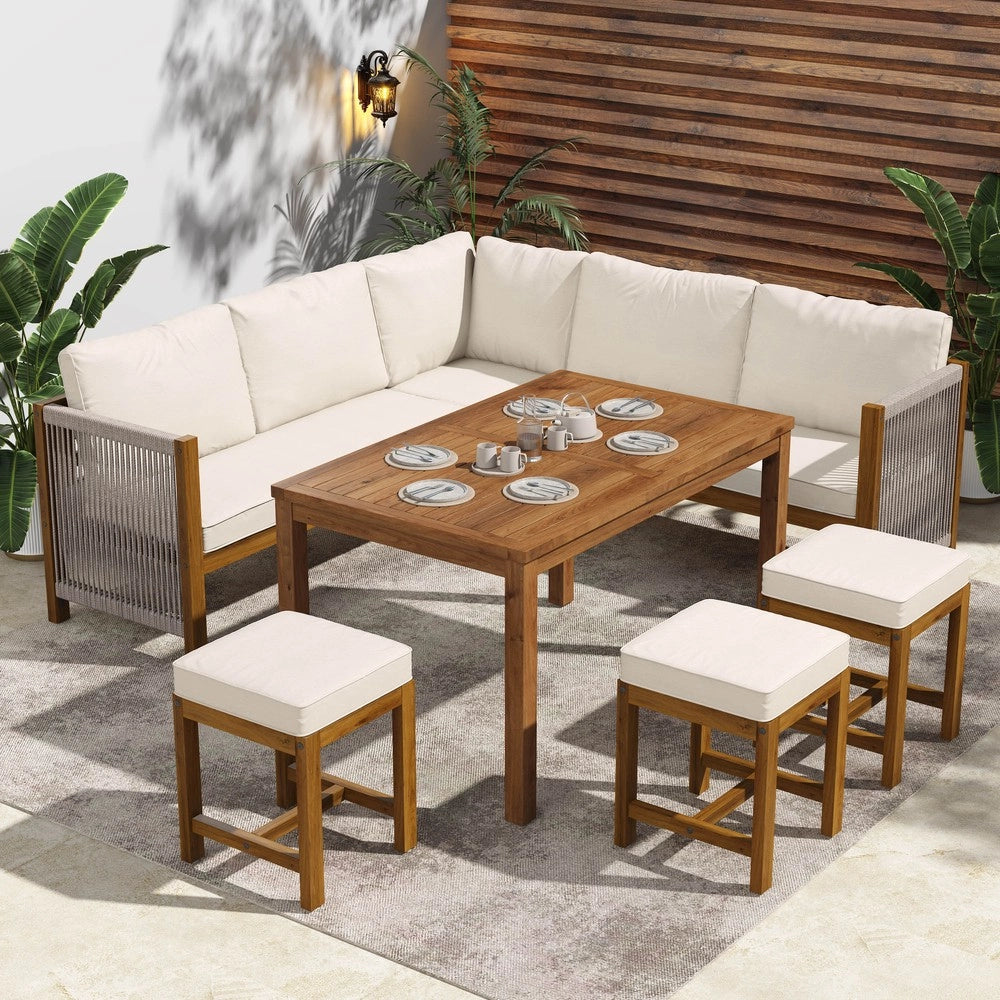 Set da giardino con divano angolare - Zephmum- Per 7-8 persone, tavolo e sedie in polirattano, cuscini, colore beige+naturale