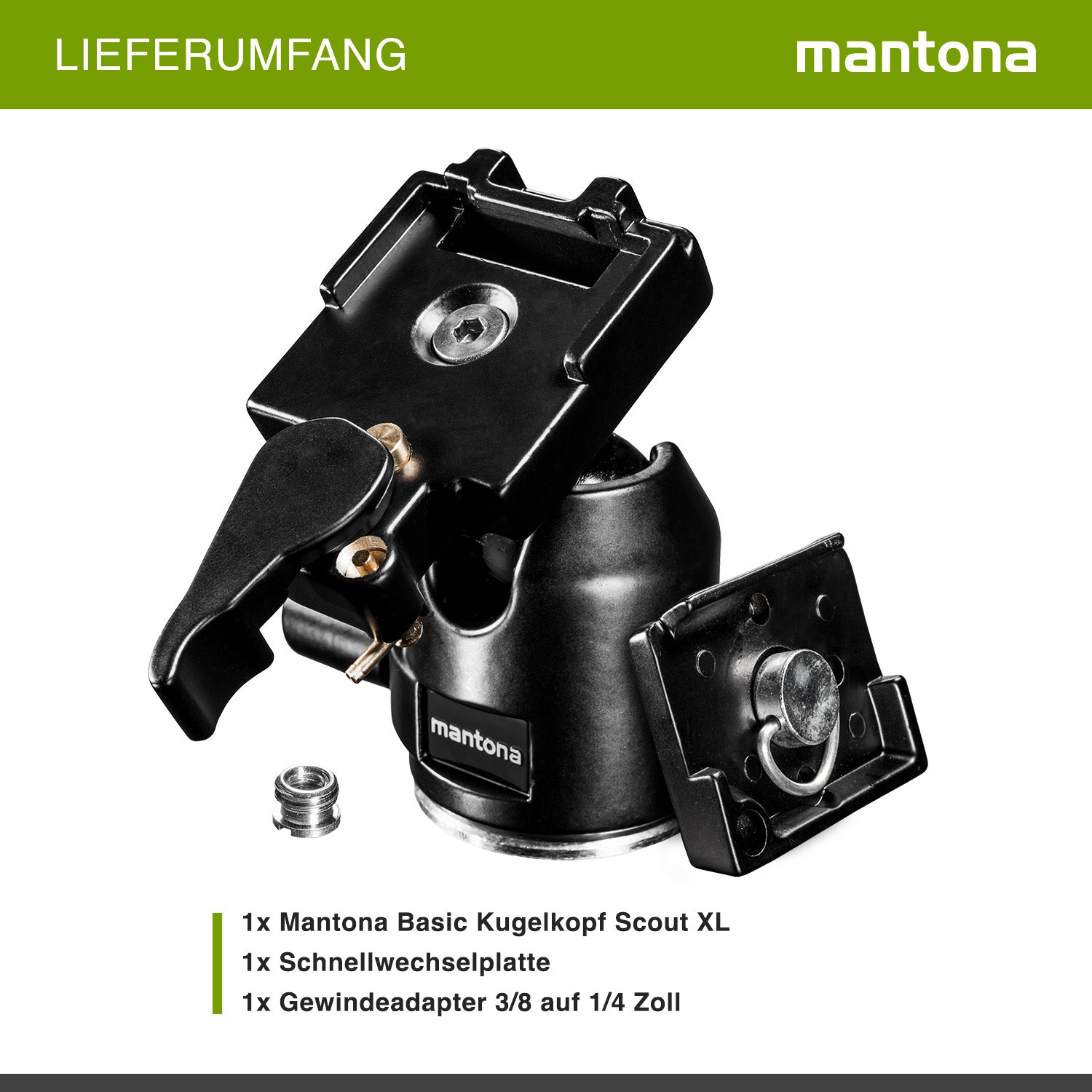 Mantona Testa a sfera per treppiede Scout (XL, portata massima circa 6 kg, adattatore per filettatura da 3/8 a 1/4 di pollice e piastra a sgancio rapido) Nero