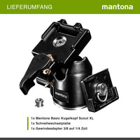 Mantona Testa a sfera per treppiede Scout (XL, portata massima circa 6 kg, adattatore per filettatura da 3/8 a 1/4 di pollice e piastra a sgancio rapido) Nero