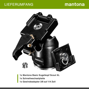 Mantona Testa a sfera per treppiede Scout (XL, portata massima circa 6 kg, adattatore per filettatura da 3/8 a 1/4 di pollice e piastra a sgancio rapido) Nero