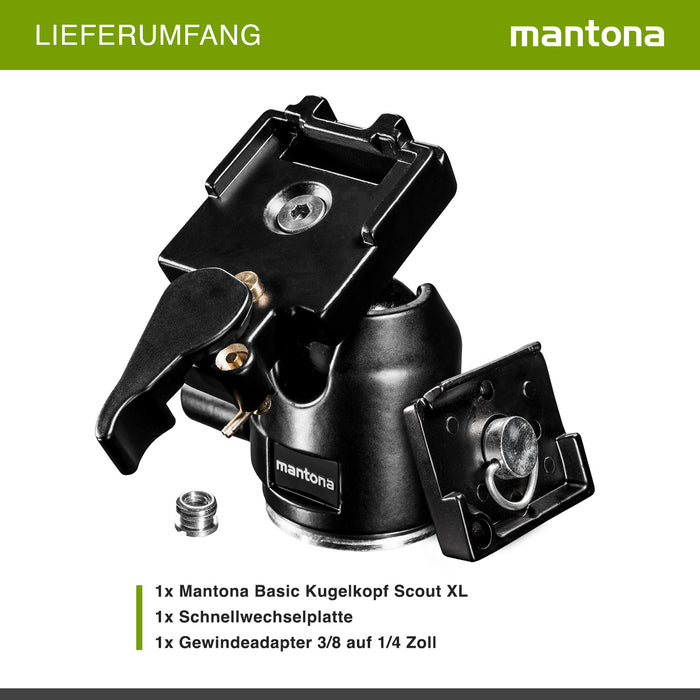 Mantona Testa a sfera per treppiede Scout (XL, portata massima circa 6 kg, adattatore per filettatura da 3/8 a 1/4 di pollice e piastra a sgancio rapido) Nero