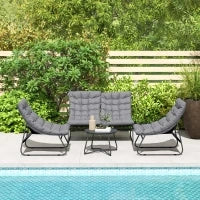 Set di Mobili da Giardino per 4 Persone con 2 Sedie, 1 Divano a Due Posti, 1 Tavolino con Piano in Vetro, Cuscini Spessi, Telaio in Acciaio, per Terrazza, Grigio
