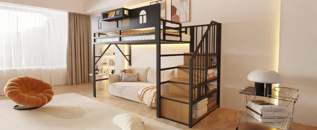 Letto a castello in metallo con scala contenitore e LED, 90x200 cm, nero