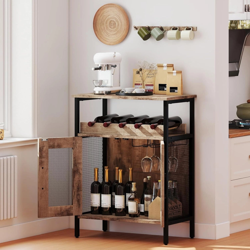 Cantinetta Porta Bottiglie da Vino, Credenza Industriale con 5 Portabottiglie Rimovibili, con Porta in Metallo a Rete Metallica, 60x34x79cm (Grigio)