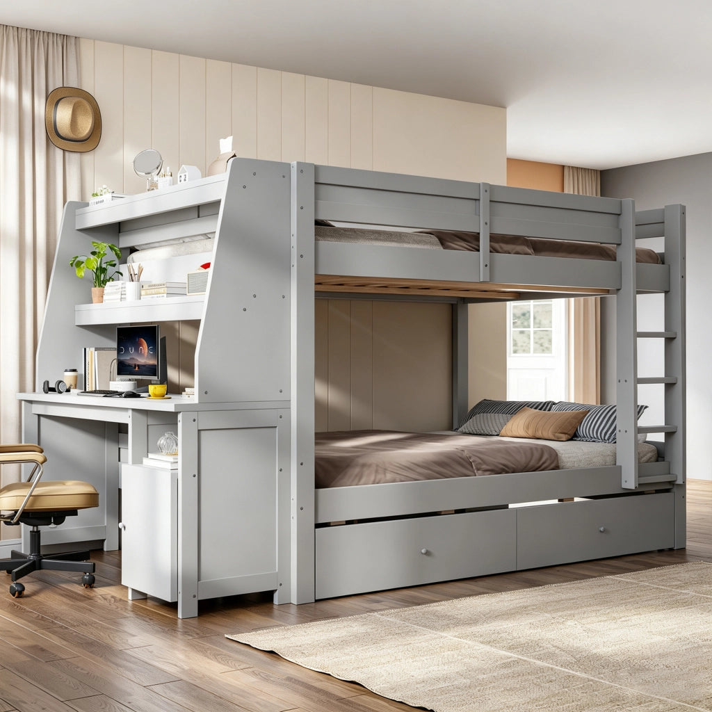 Letto a castello matrimoniale 140×200 cm con scrivania; ripiani; 2 cassetti e scala; senza materasso; legno; grigio