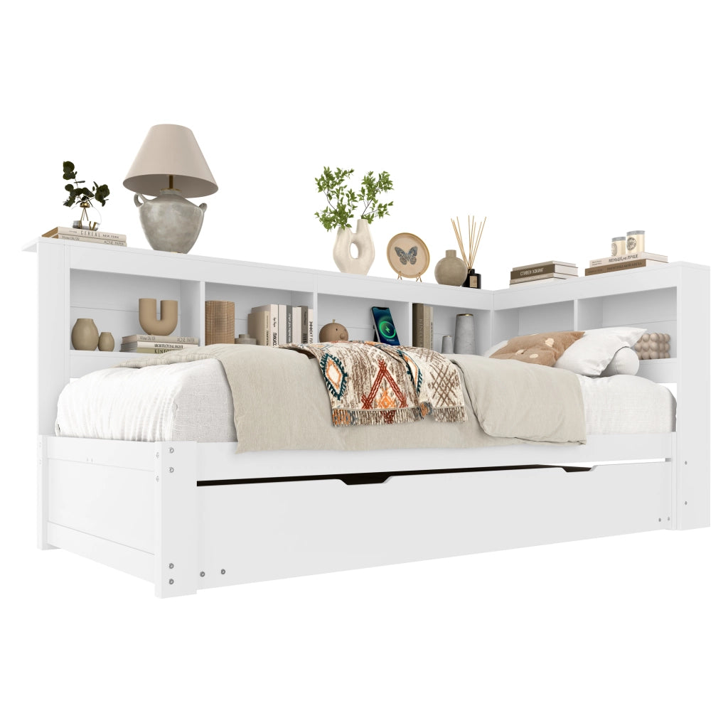 Daybed con letto estraibile, presa e 2 USB, 90x200 cm, truciolare bianco