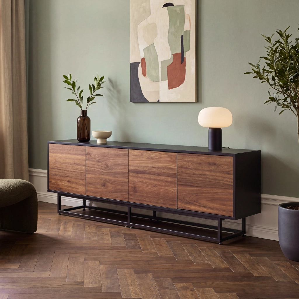Armadietto Boxholm Credenza Bassa con 4 Ante Push-Open 180x30x56 cm Nero / Effetto Noce [en.casa]