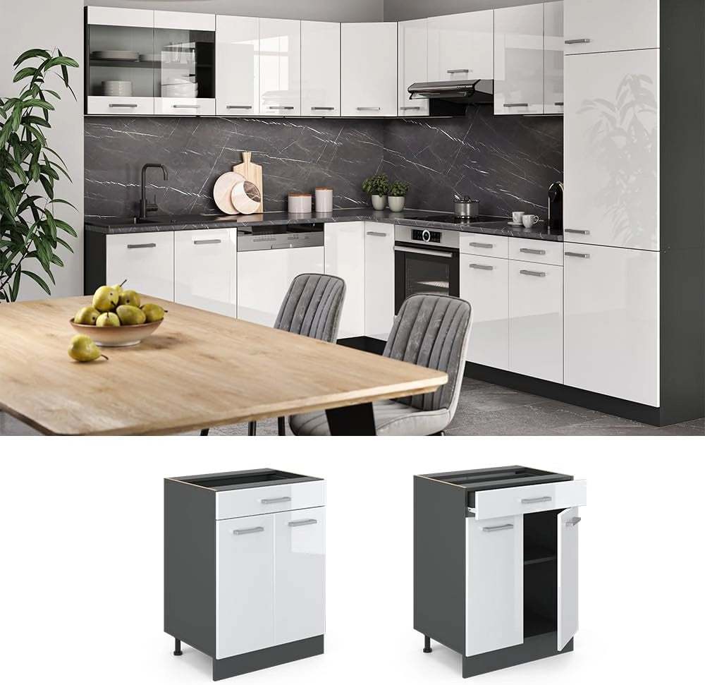 mobiletto base per cucina R-line, Bianco lucido/Antracite, 60 cm con cassetto, senza piano di lavoro
