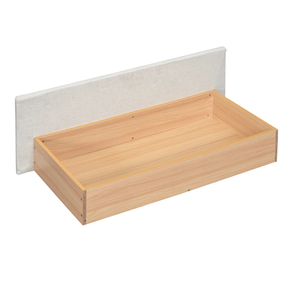 Letto imbottito 140x200 cm in lino e MDF beige; con LED APP; USB; cassetti e vani contenitore