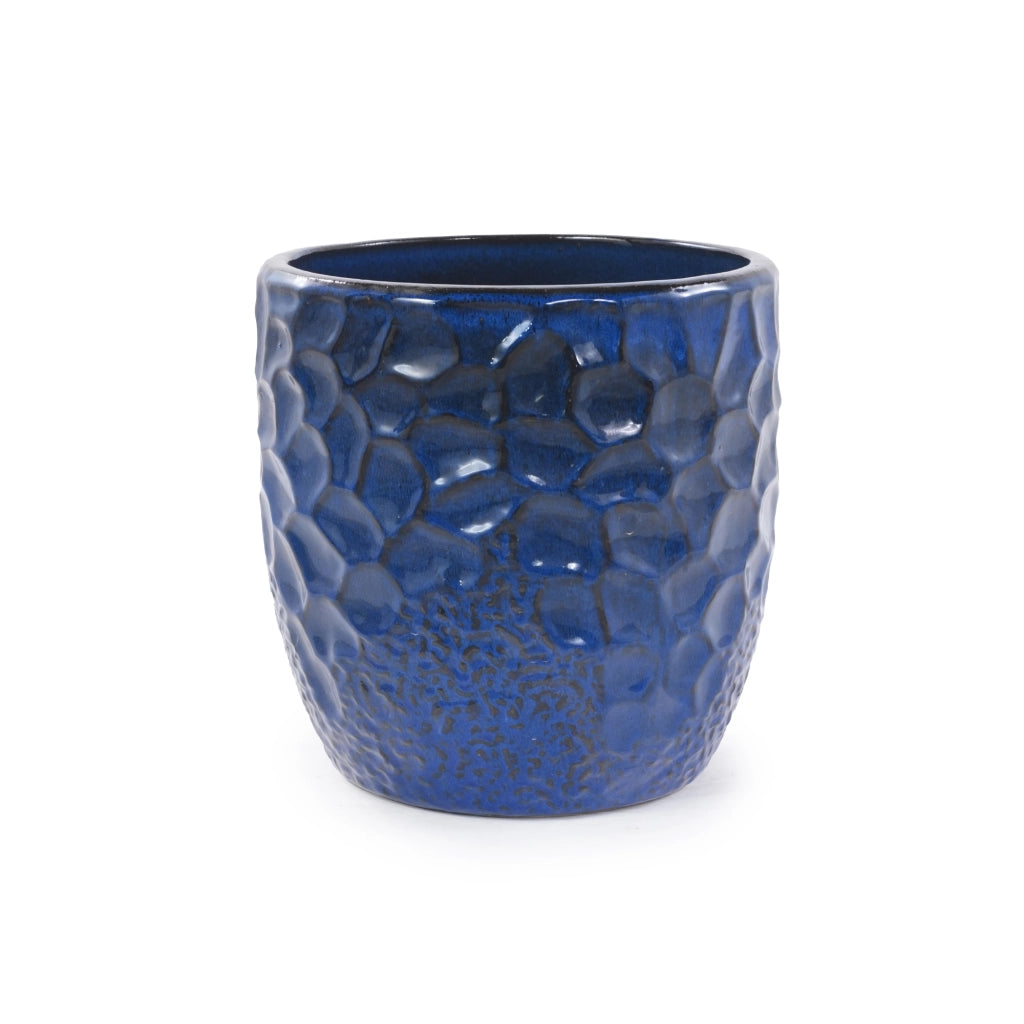 Semenzaio da giardino in ceramica blu navy con rilievo martellato e foro di drenaggio Ø 18 cm