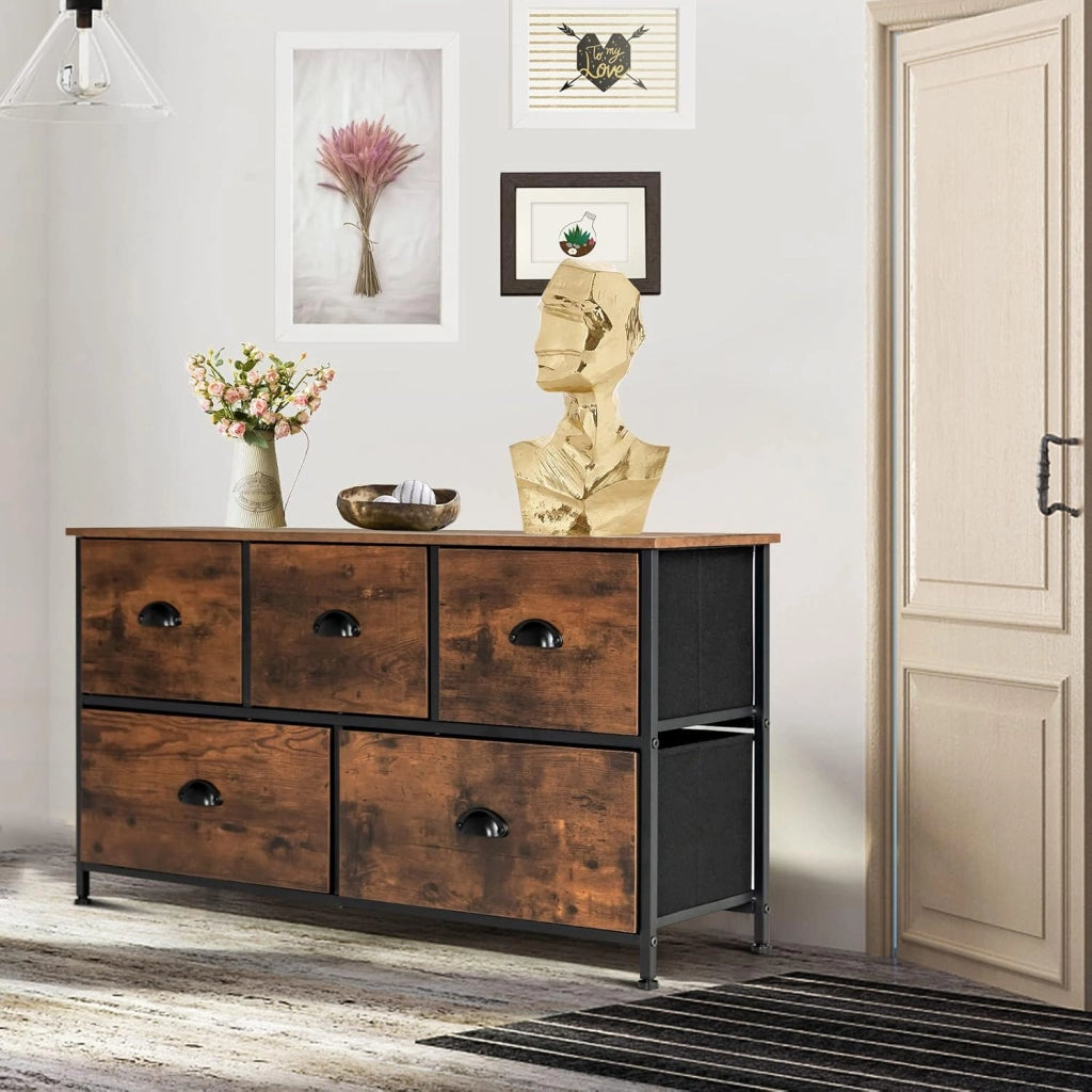 Cassettiera con 5 Cassetti e Armadietto a 2 Ripiani Pieghevoli in Tessuto - Credenza con Telaio in Metallo, 100 x 30 x 54 cm