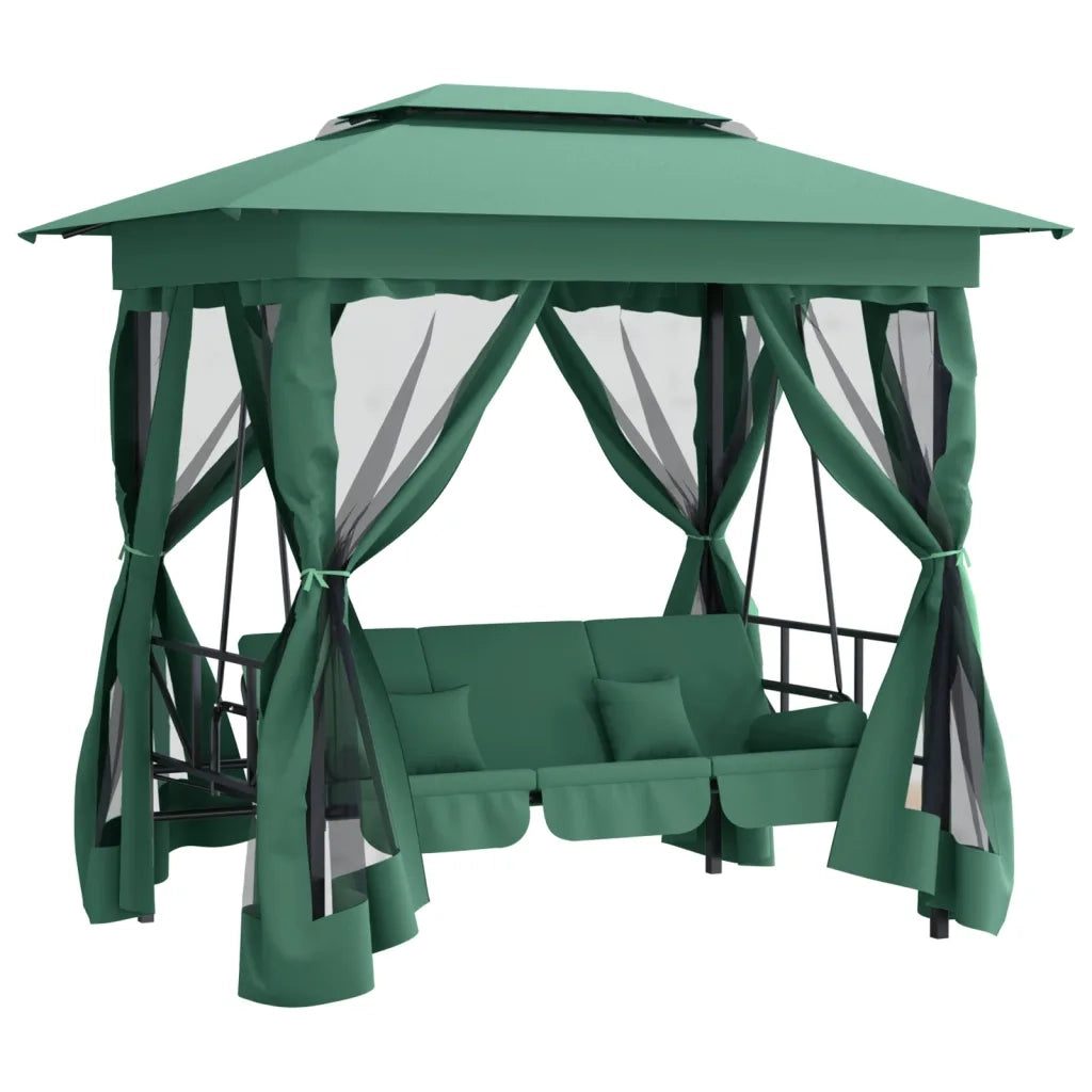 Gazebo con Panca a Dondolo Convertibile Verde Tessuto e Acciaio 363327