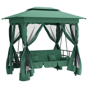 Gazebo con Panca a Dondolo Convertibile Verde Tessuto e Acciaio 363327