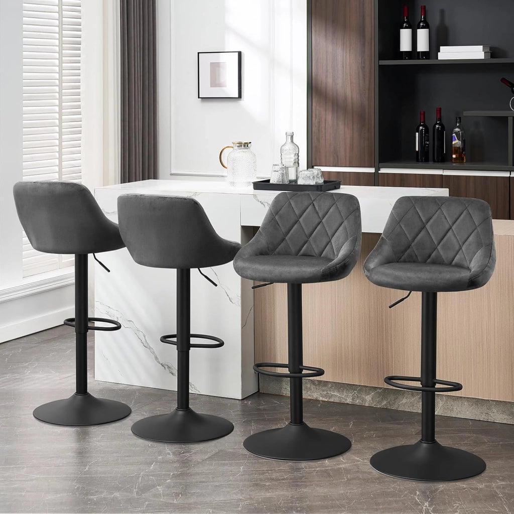 Sgabello da Bar Moderno Girevole Sedia Cucina Alta con Schienale Quadrato Poggiapiedi Senza Braccioli Altezza Regolabile in Velluto Grigio Scuro 1 Pezzo