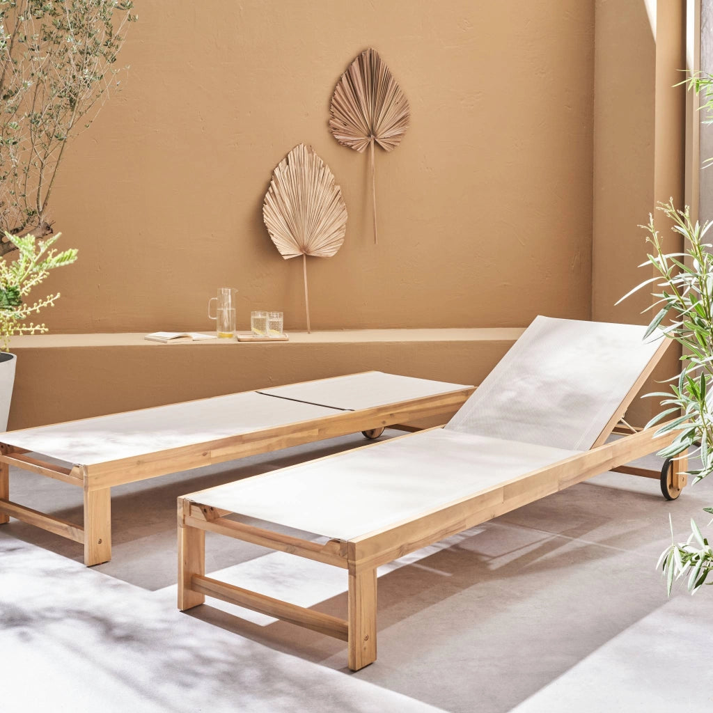 Set 2 lettini prendisole in legno multiposizione con ruote, beige