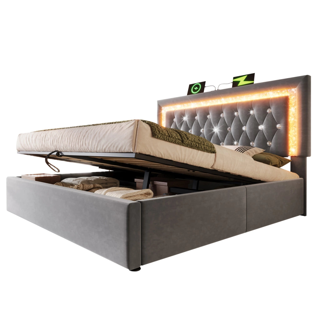 Letto imbottito 140x200 cm con LED, USB e materasso incluso