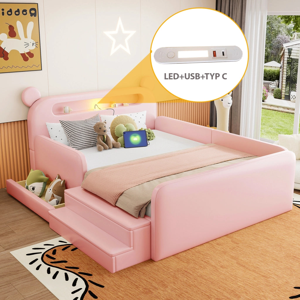 Letto imbottito per bambini con testiera a orso e USB, 140x200 cm, rosa