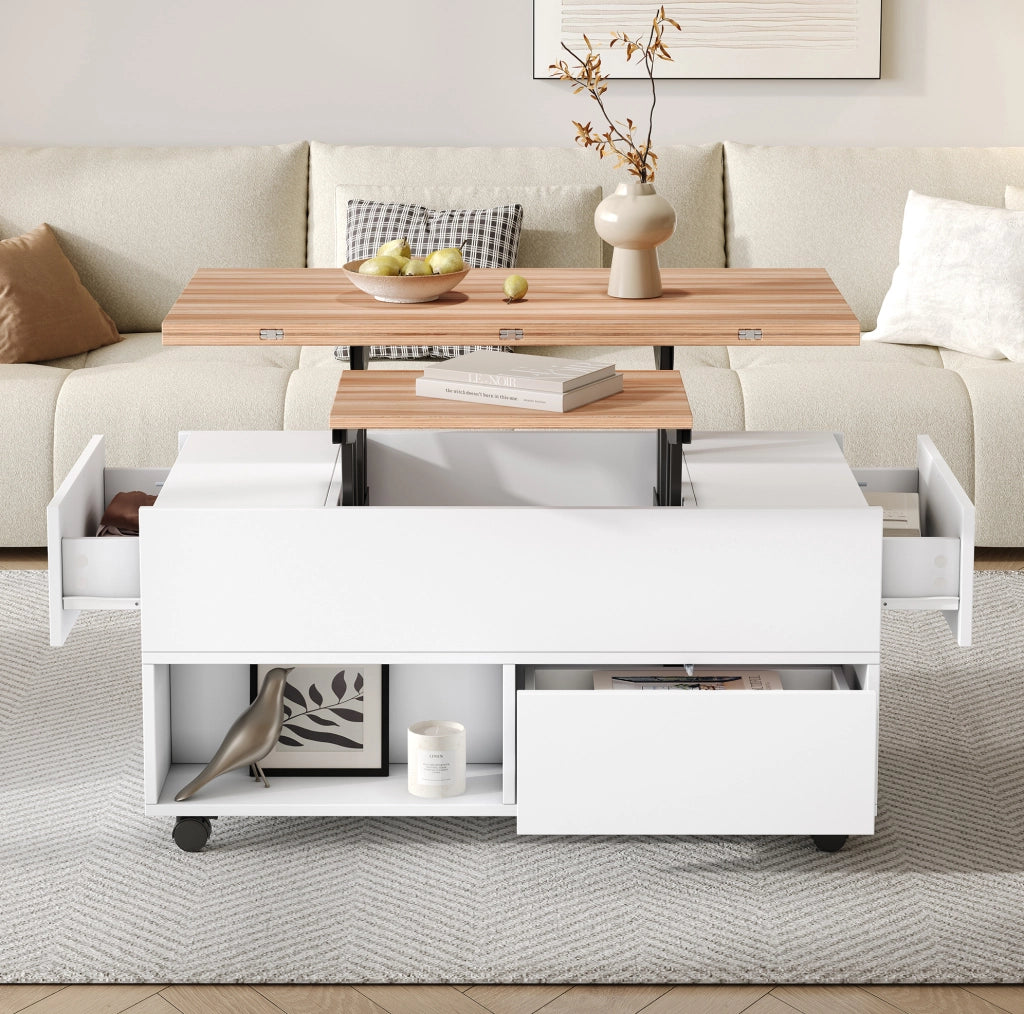 Tavolino elevabile con ruote e 4 cassetti bianco rovere