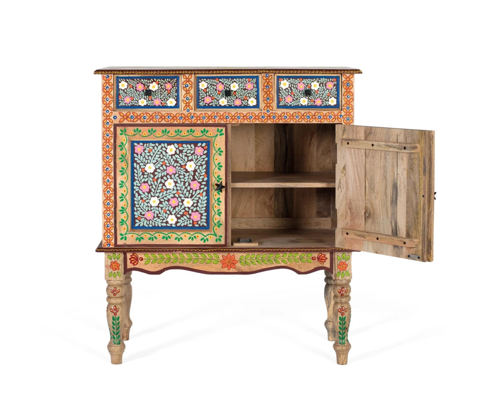 Consolle in legno di mango con porta decorata a mano