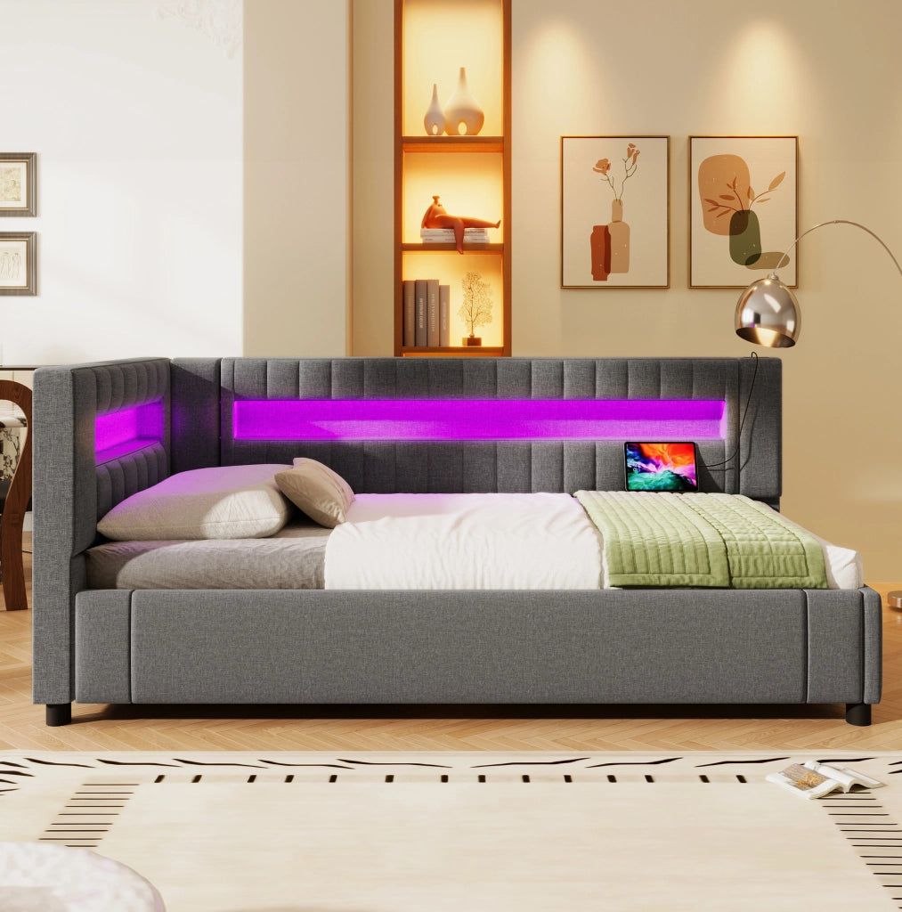 Letto daybed 90x200 cm in lino grigio con LED; contenitore idraulico; USB e Type-C