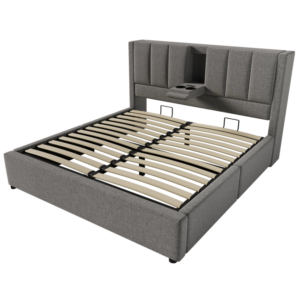 Letto matrimoniale imbottito 140x190 cm in lino grigio con porta bicchieri e ricarica USB