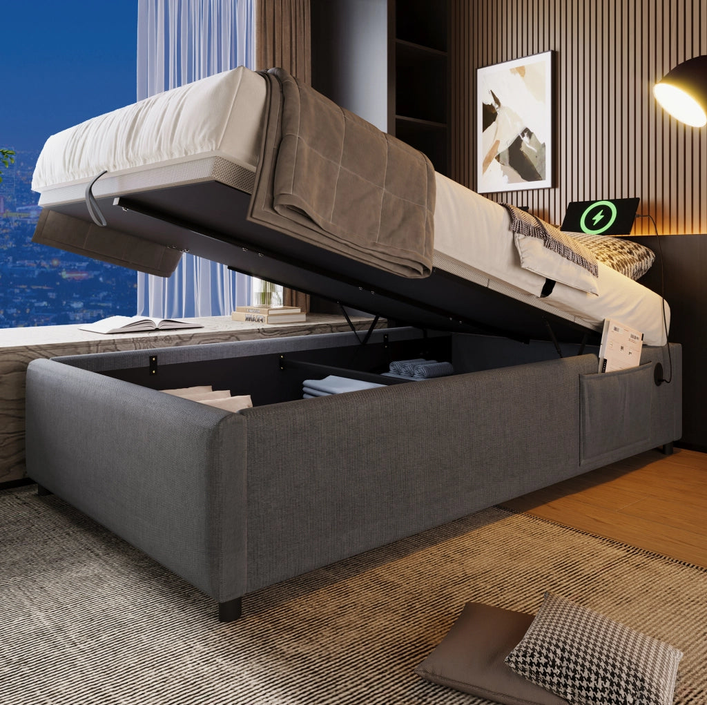 Letto contenitore 90x190 cm con USB e Type-C; senza testiera; grigio