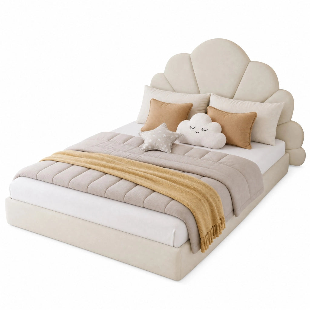Letto matrimoniale imbottito beige in velluto con testiera floreale 140x200 cm