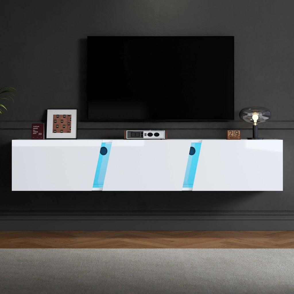 Mobile TV a Parete con LED ¨C MINIMAL ¨C Bianco Lucido, 3 Ante, 180x35x30 cm