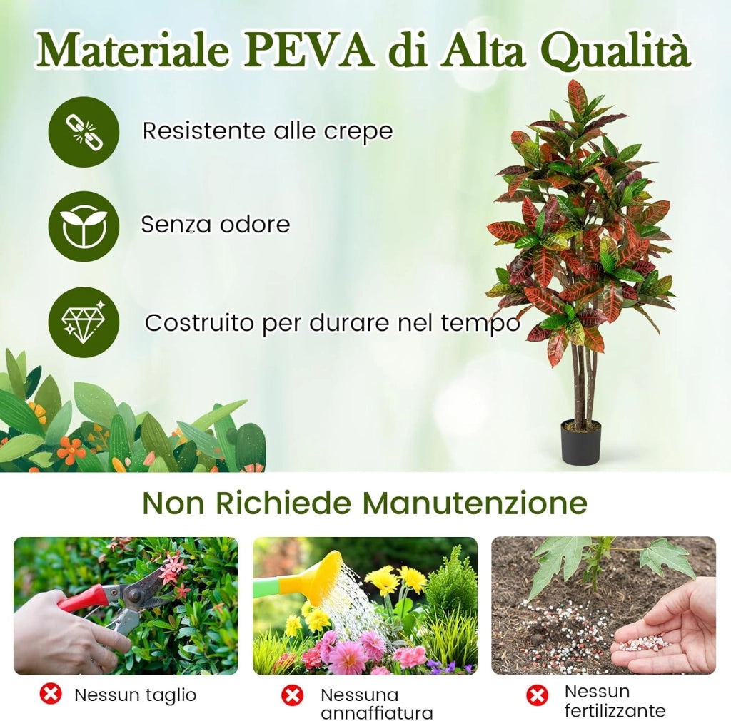 Pianta Finta di Croton 150 cm, Albero Artificiale da Interno ed Esterno, Pianta Tropicale in Vaso con Foglie Sfumate Finte, Ideale per Casa e Ufficio