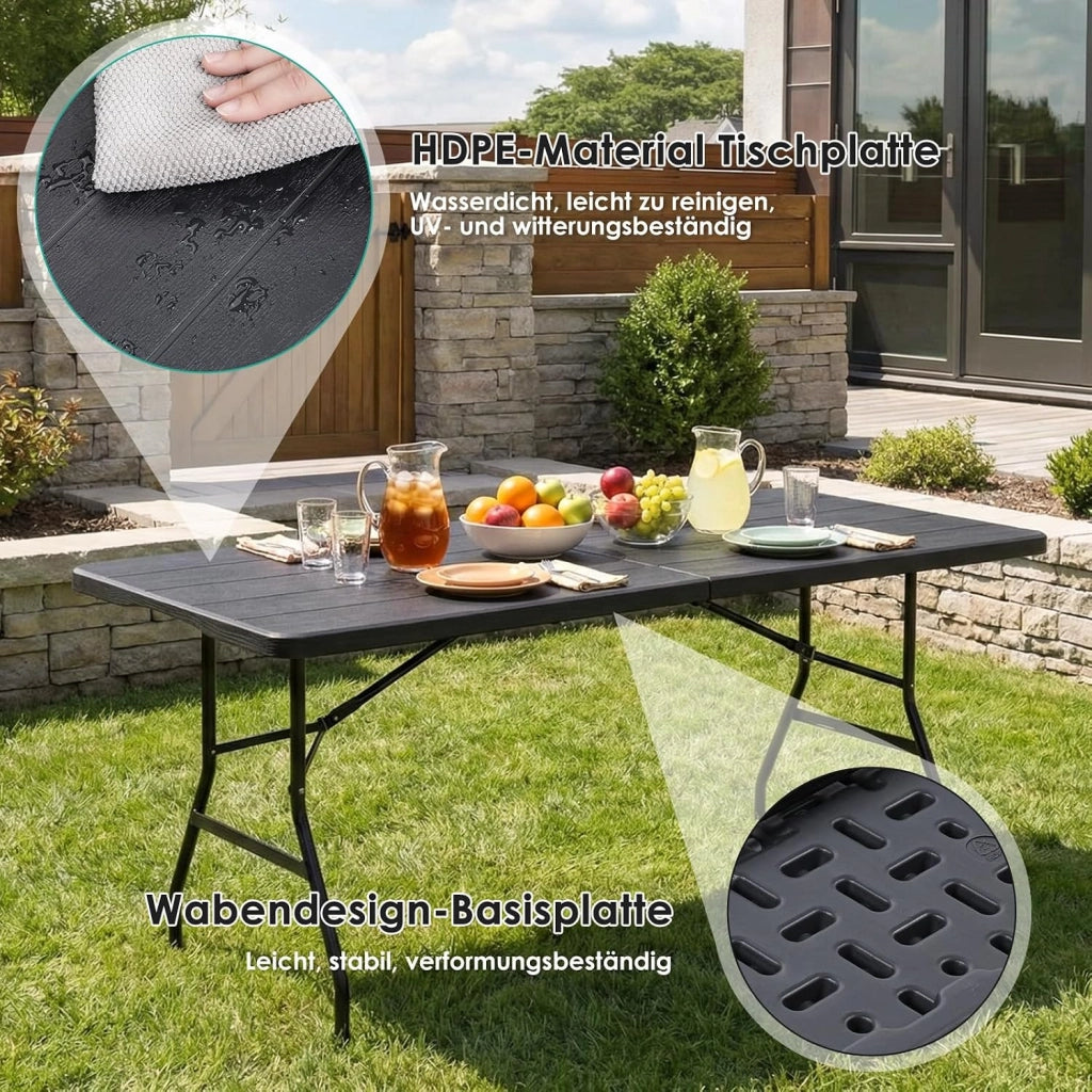 Tavolo da Giardino Pieghevole 180x75 cm,Tavolo da Buffet con Impugnatura di Trasporto,Tavolo Pieghevole in HDPE Plastica per 10 Persone,Ottica in Legno,Tavolo da Campeggio Tavolo Feste