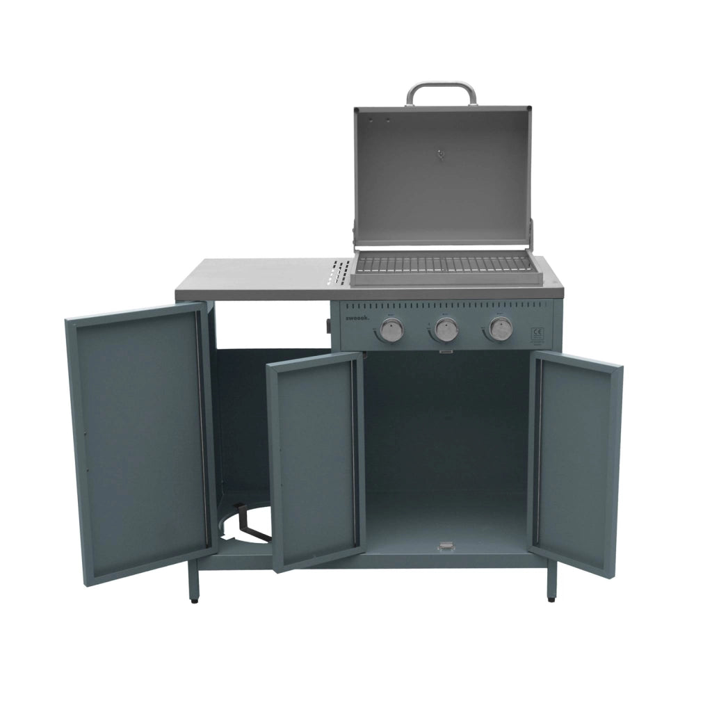 Barbecue a gas 3 bruciatori, 3 ante, 2 spazi di stoccaggio, blu grigio