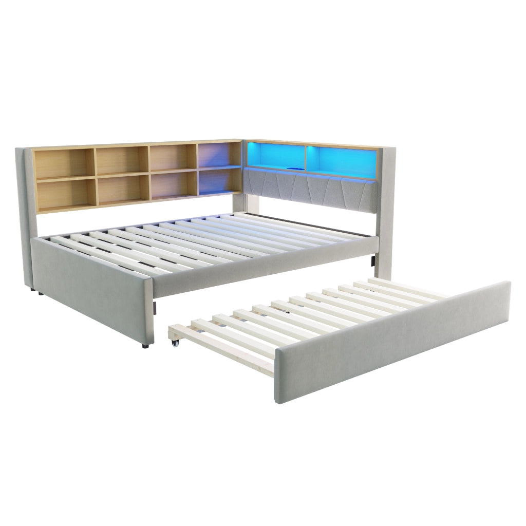 DESMIU Divano letto 140 × 200 cm 2 posti con LED, porte USB, Type-C e presa, senza materasso, in flanella, grigio chiaro